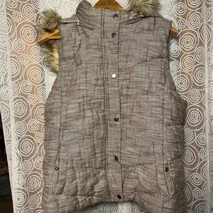 Gap tweed look puffy vest with removable faux fur hood